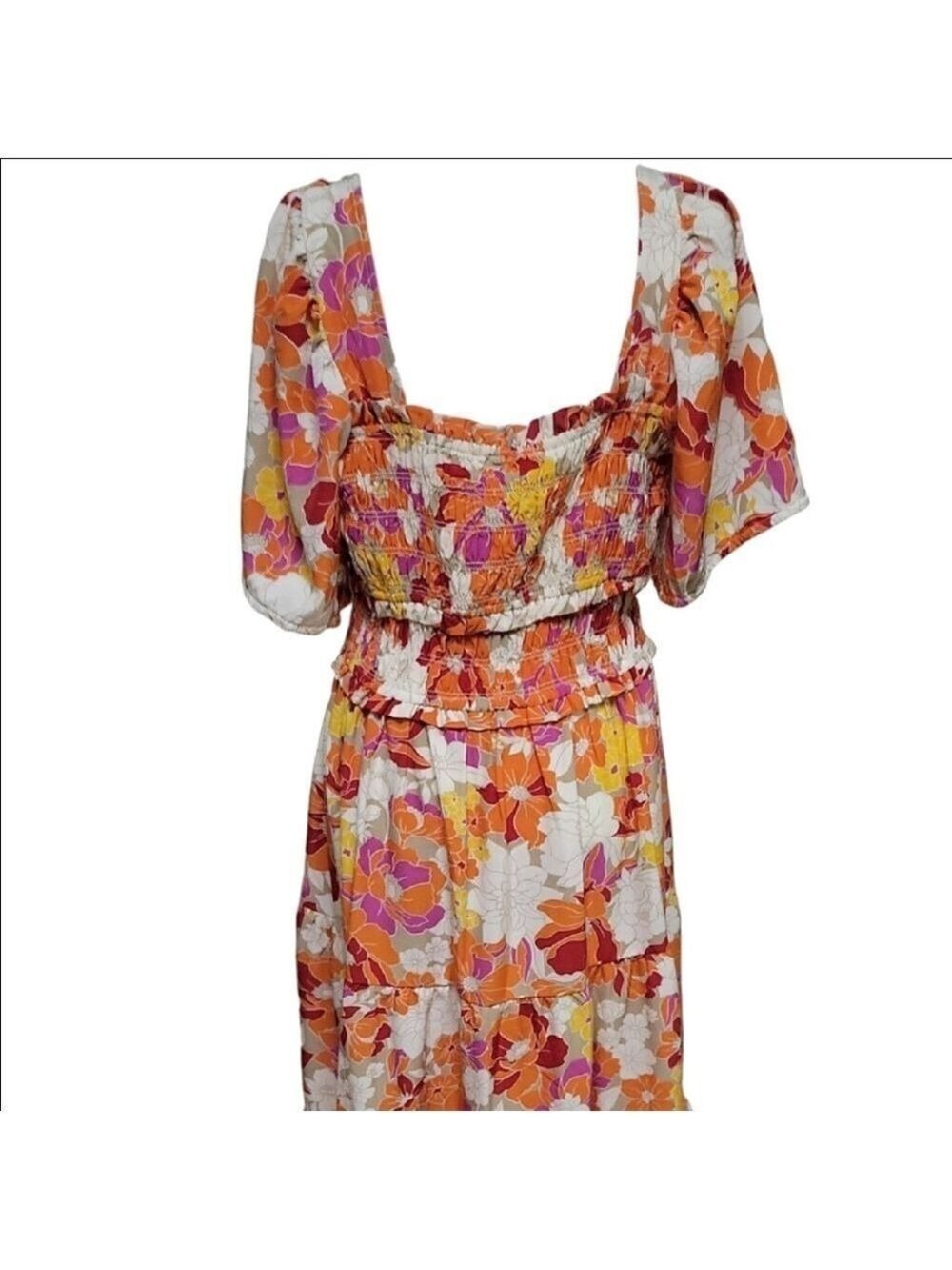 Orange Puff Sleeve Maxi Sundress for Wedding Guests XL Beach Summer Winetasting - Picture 7 of 9